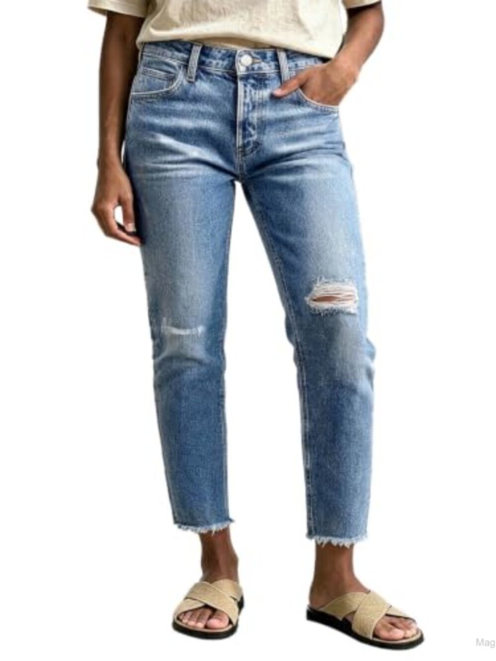 Mid Rise Straight Leg Crop Jeans for Women Raw Hem Ripped Washed Denim